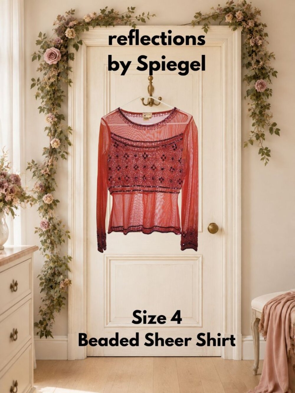 Reflections by Spiegel Crimson Red Sheer Mesh Long-sleeve Beaded Blouse Womens 4